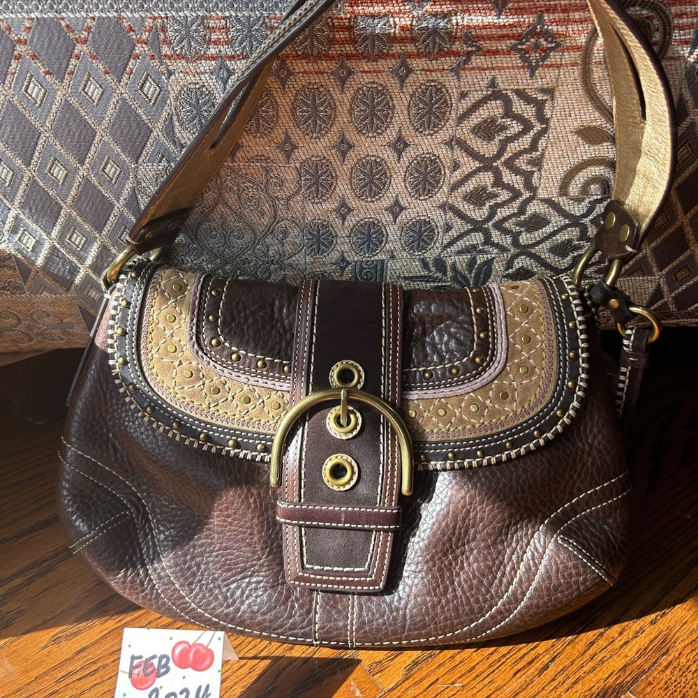 Coach SoHo Flap Stitch Bag in Chestnut, Gold and Lavender